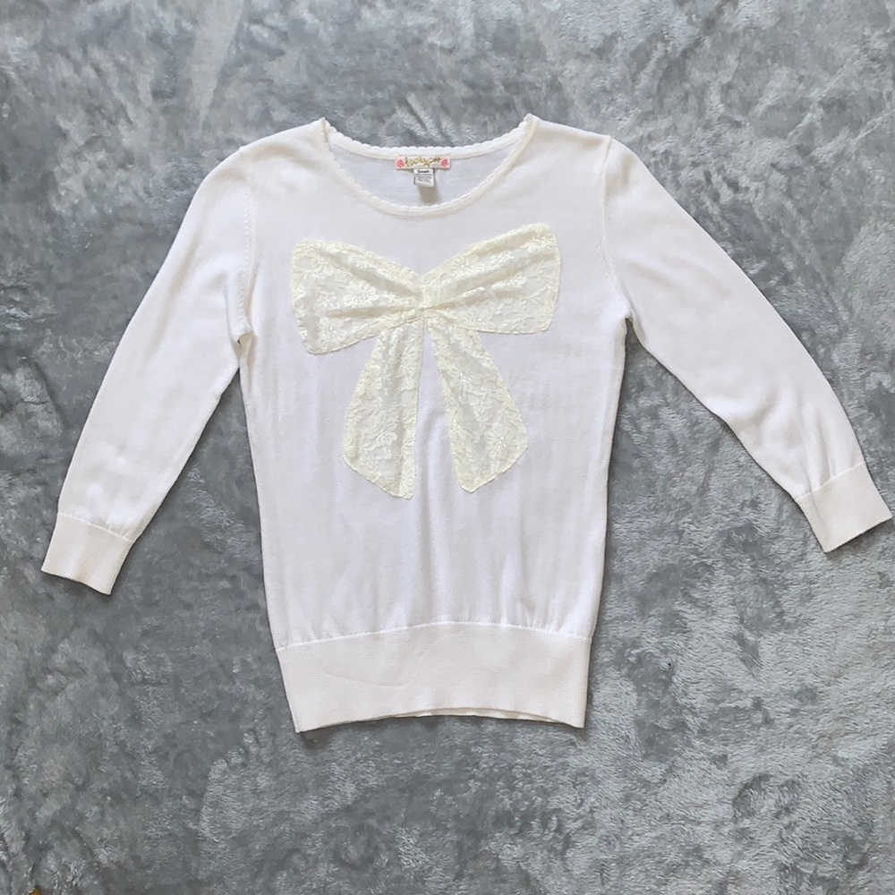 Love By Design White Coquette Sweater with Ivory Lace Bow and 3/4 Length Sleeves